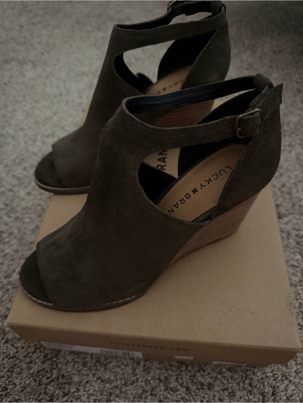 Lucky Brand Olive Suede Cutout Peep-Toe Wedge Sandals